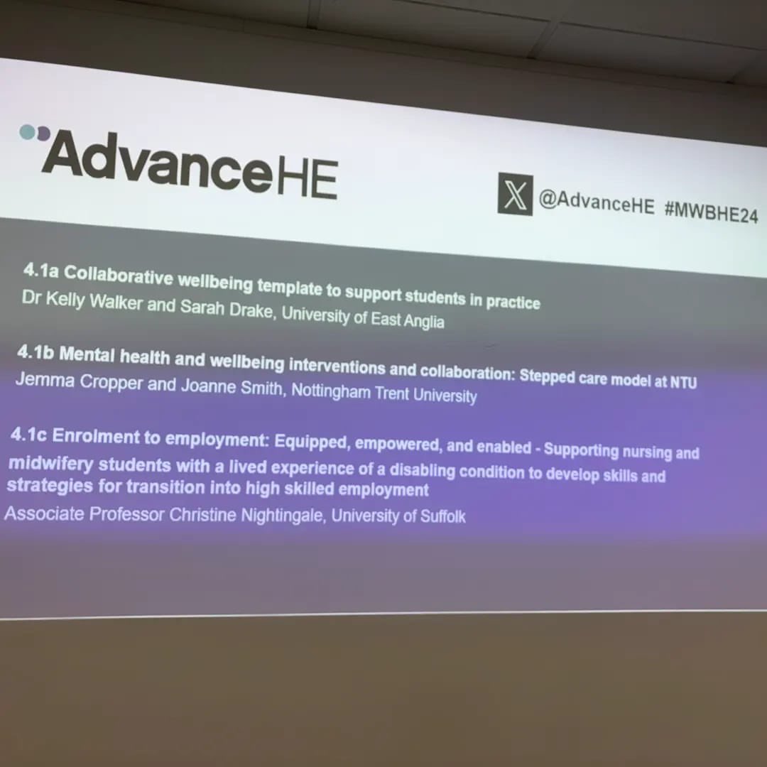 Our Professional Leads for Occupational Therapy & Physiotherapy attended the AdvanceHE Mental Wellbeing in HE conference today. They presented findings from their collaborative project - the design & implementation of a wellbeing template to support students in practice 💚💙