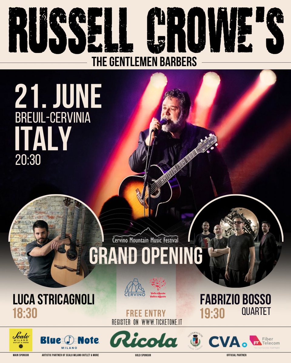 When I heard that super hubby @LucaStricagnoli will open for @russellcrowe in Italy on June 21, I wanted to make this poster and share it with you guys. This is incredible news, and I am so proud of him. Sadly, it’s too far away from Nashville. 🥹 But I’ll be there in my thoughts