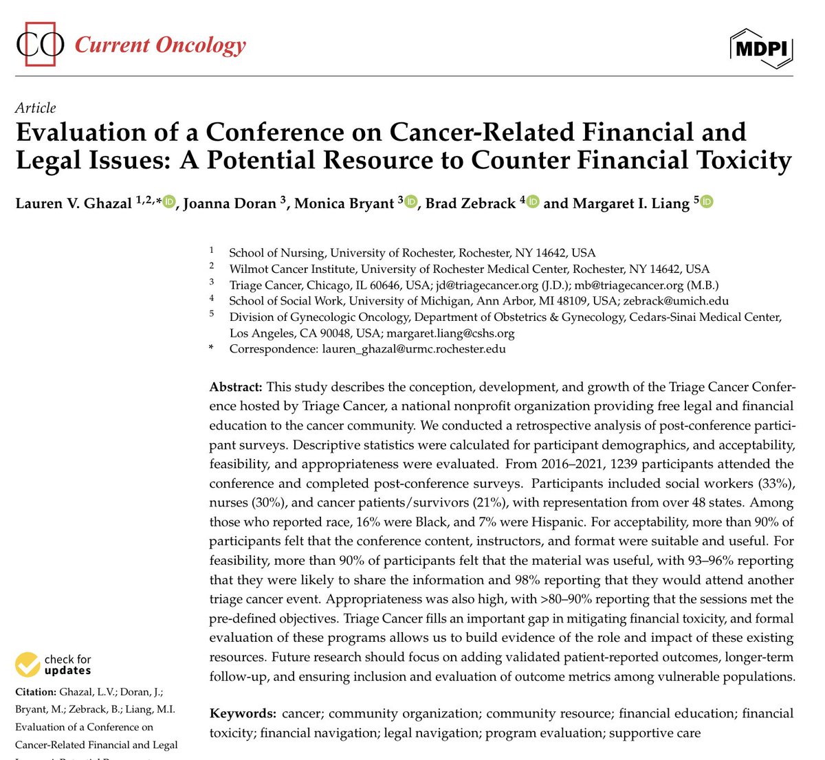 In this paper w/ @TriageCancer we evaluated feasibility, acceptability & appropriateness of the TC Conference from 2016-2021. TC fills an important gap in mitigating #financialtoxicity & more formal evals of these programs are needed. shorturl.at/kqtwM @UofRSON