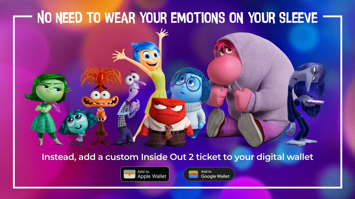 No need to wear your emotions on your sleeve. Instead, when you buy tickets to #InsideOut2 on @AtomTickets + add your ticket to your digital wallet on Apple or Google, you will receive a custom character. Get tix today to see which one atm.tk/insideout2