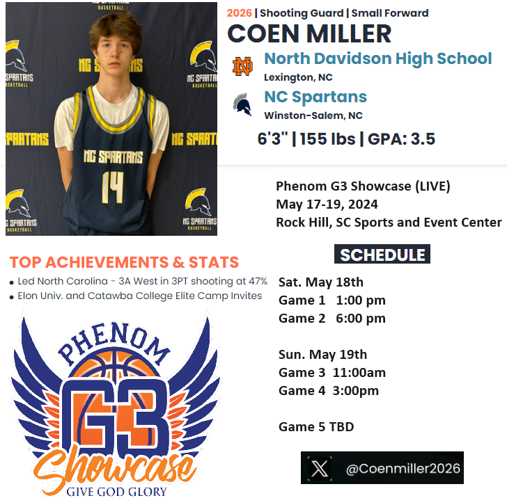 🚨 Live Period | Weekend Schedule
Coen Miller  @Coenmiller2026 
6'3' SG / SF
Class of 2026 | NCAA ID # 240528912
Phenom G3 Showcase 
🗓️May 17-19, 2024
📍Rock Hill, SC | Sports and Event Center
dashboard.nationalpid.com/athlete/profil…   @NCSpartans | #LikeASpartan