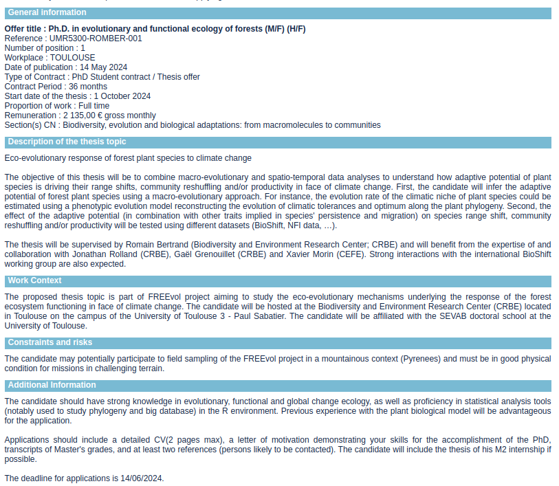 📢I am looking for a PhD student to study the eco-evolutionary response of forests to climate change.
Join me at the CRBE lab in Toulouse and work with me, Jonathan Rolland, Gaël Grenouillet, Xavier Morin and many other from the BioShift working group!