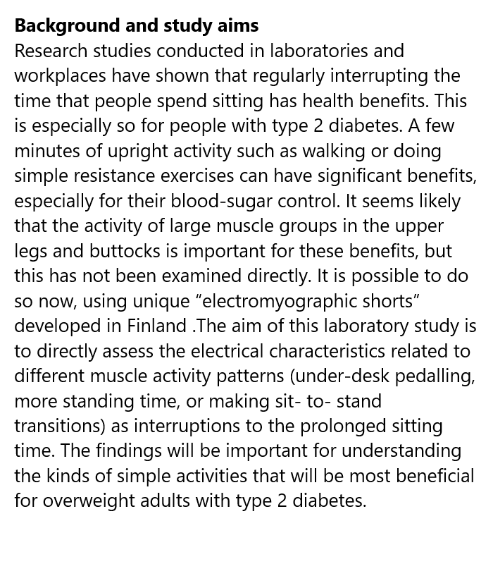 ISRCTN: the UK's Clinical Study Registry (@isrctn) on Twitter photo Can activating muscles by breaking up time spent sitting improve blood glucose control for people with type 2 diabetes?
Read about the new study by <a href="/ArtoPesola/">Arto Pesola</a> <a href="/ChristianBrak/">Christian Brakenridge</a> <a href="/SuviLamberg/">Suvi Lamberg</a> registered at #ISRCTN
isrctn.com/ISRCTN57579912 Can activating muscles by breaking up time spent sitting improve blood glucose control for people with type 2 diabetes?
Read about the new study by <a href="/ArtoPesola/">Arto Pesola</a> <a href="/ChristianBrak/">Christian Brakenridge</a> <a href="/SuviLamberg/">Suvi Lamberg</a> registered at #ISRCTN
isrctn.com/ISRCTN57579912
