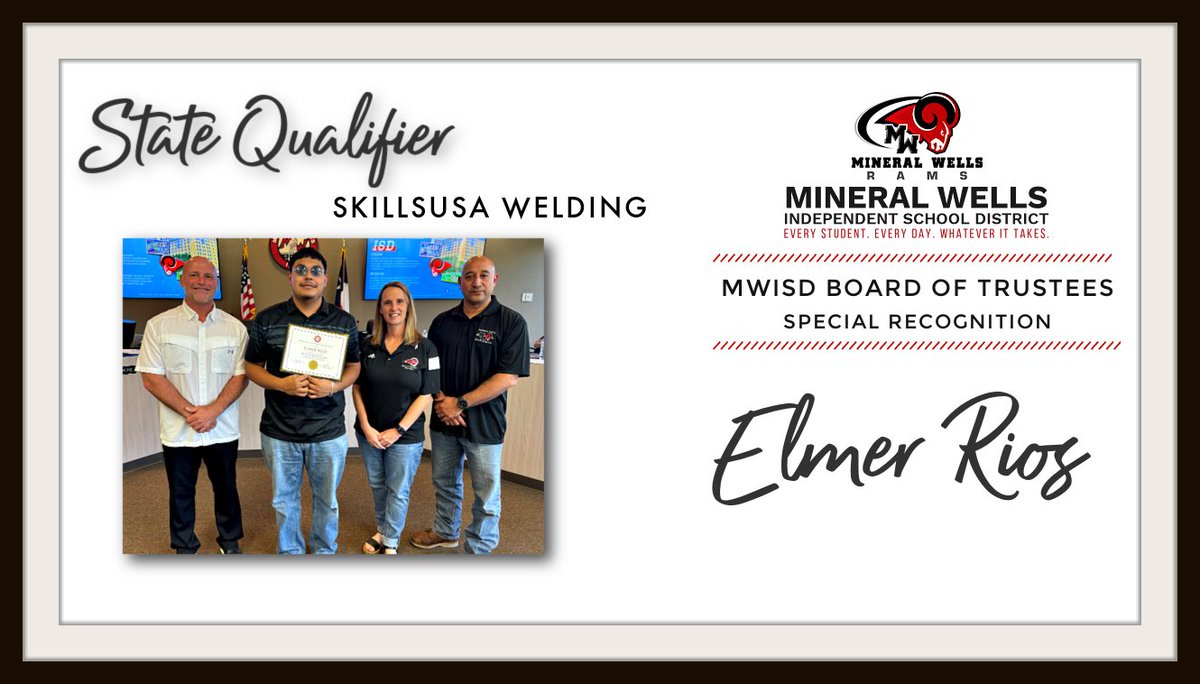 🎉 Big shoutout to Elmer Rios! On Monday night, the board of trustees recognized Elmer for qualifying for the state SkillsUSA competition in welding. 🏅✨ Elmer’s dedication and precision in welding have truly set him apart. Congrats, Elmer! 🔧🔥 #SkillsUSA #WeldingChamp