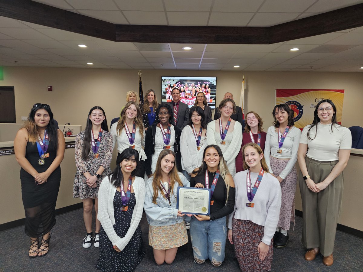 Last night, the Board of Education honored Moorpark High School's Winter Color Guard for their championship performance in April during the Winter Guard Association of SoCal Championships. We couldn’t be prouder! Congratulations, Musketeers! @MHSAthDept