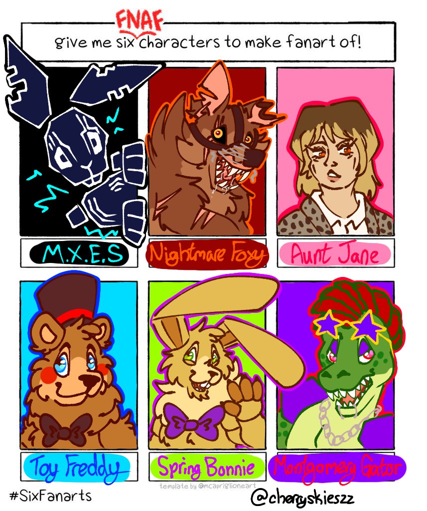 Six FNAF characters!! ❤
I'll probably do another one of these so no one is left out :D

#fnaf #fivenightsatfreddys #fnaffanart