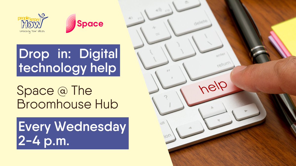 Need help using technology? Space hosts a weekly digital group with @PKHinnovation. 📅 Every Wednesday ⏰ 2-4 p.m. 🏢 The Broomhouse Hub #PeopleKnowHow #DigitalSupport #PKH