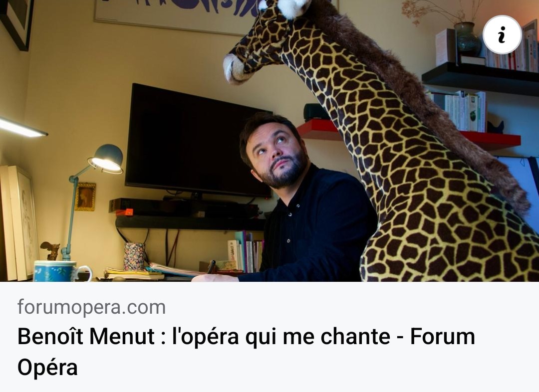 Dans ce long entretien accordé à #Yvanbeuvard pour <a href="/Forumopera/">Forumopera.com</a>, j'aborde la place de l'art lyrique dans mon travail et livres quelques réflexions, idées, et projets à venir.
forumopera.com/benoit-menut-l…