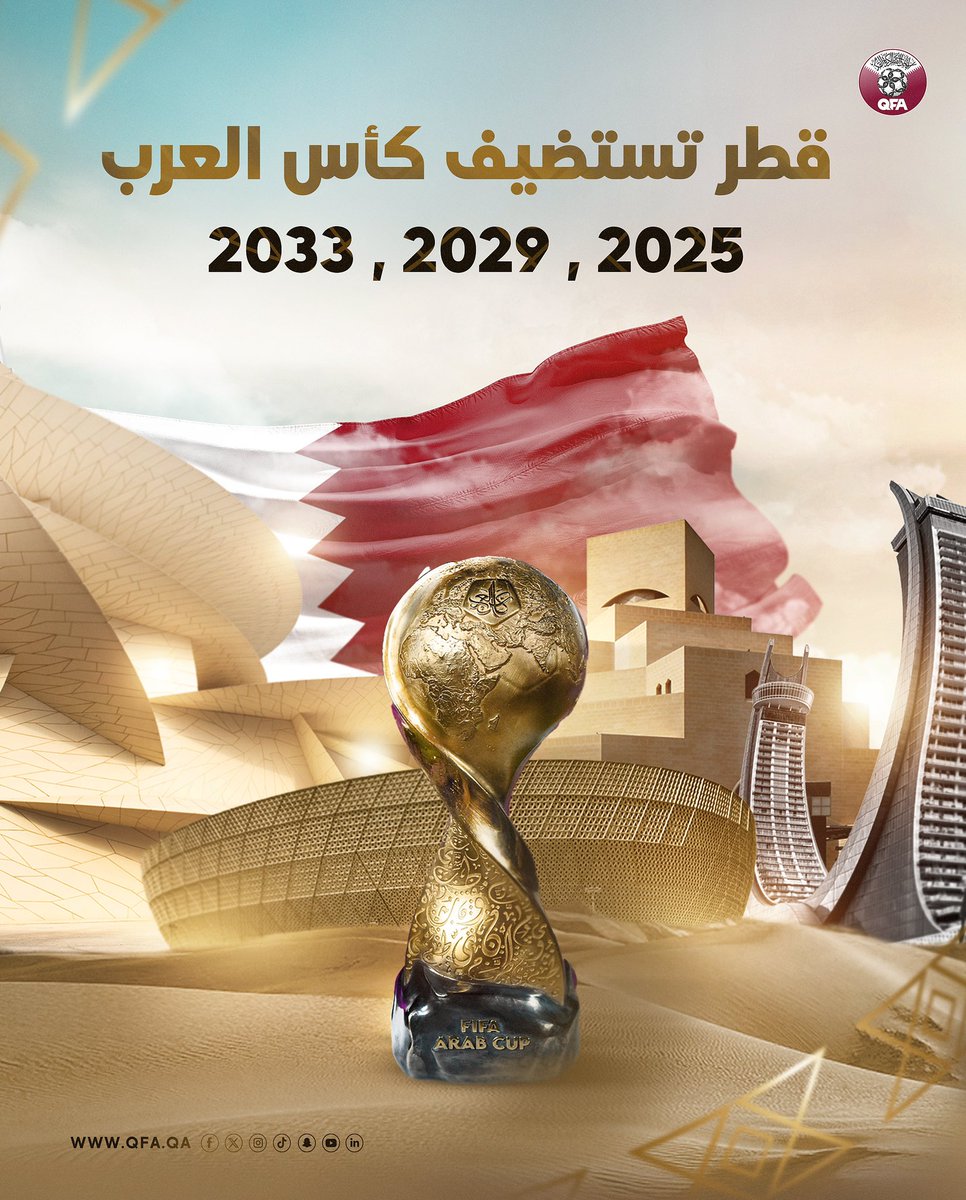 يناير 2024 🗓 أعلن الشيخ حمد بن خليفة عن عودة كأس العرب برعاية #الفيفا من جديد ⚽️🏆 مايو 2024 🗓 الفيفا يُعلن استضافة #قطر 3 نسخ متتالية لكأس العرب 🇶🇦