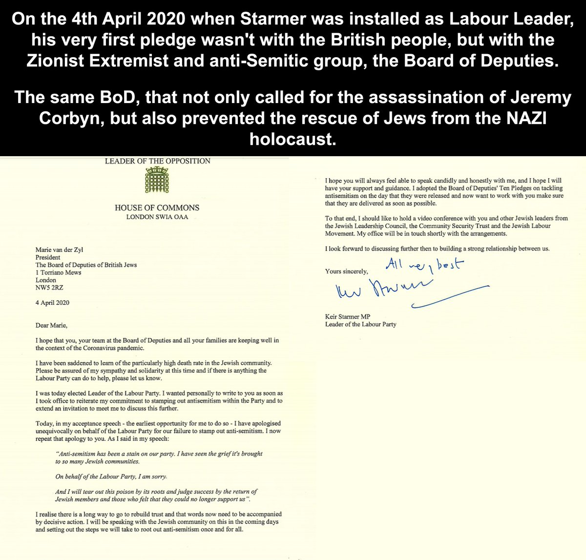 Proof that Starmer has no allegiances to the British people, but with anti-Semitic Scionist extremist group that calls for violence against politicians.