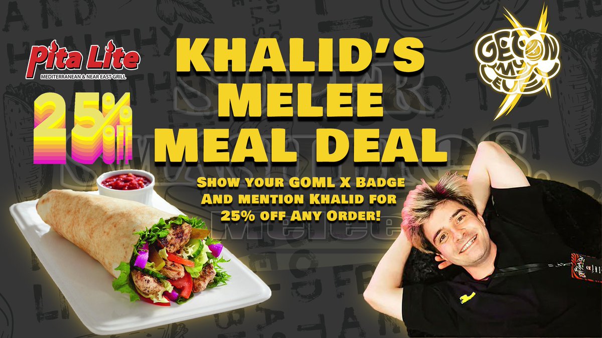 It's dangerous to go alone. Here, take this! For GOML weekend PitaLite is bringing you @ssbmKhalid's Melee Meal Deal! Just come with your GOML badge and mention Khalid for 25% off on any order! Our nearest location to the venue is 34 King St E! Offer valid Friday-Sunday.