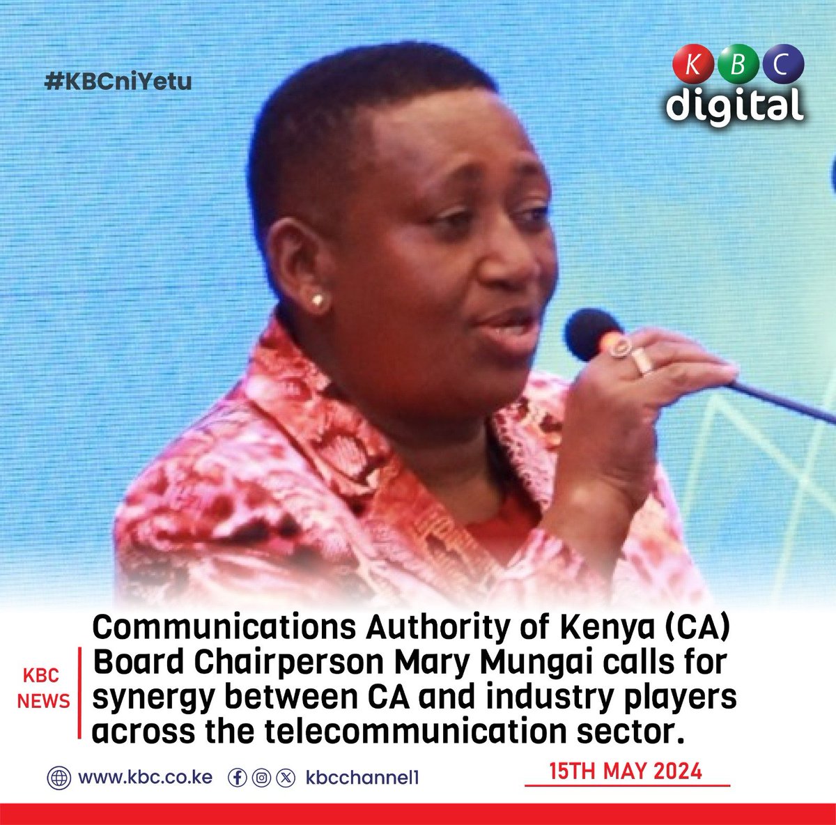Communications Authority of Kenya (CA) Board Chairperson Mary Mungai calls for synergy between CA and industry players across the telecommunication sector. #KBCniYetu ^RO