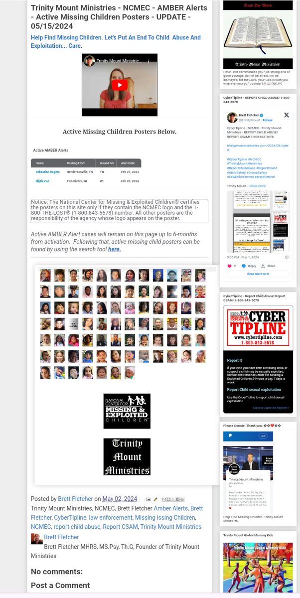 Trinity Mount Ministries - NCMEC - AMBER Alerts - Active Missing Children Posters - UPDATE - 05/15/2024

trinitymountministries.com/2024/05/trinit…

#TrinityMountMinistries #MissingChildren #NCMEC #AmberAlerts #CyberTipline #ReportChildAbuse #ReportCSAM #ChildSafety #OnlineSafety #BrettFletcher