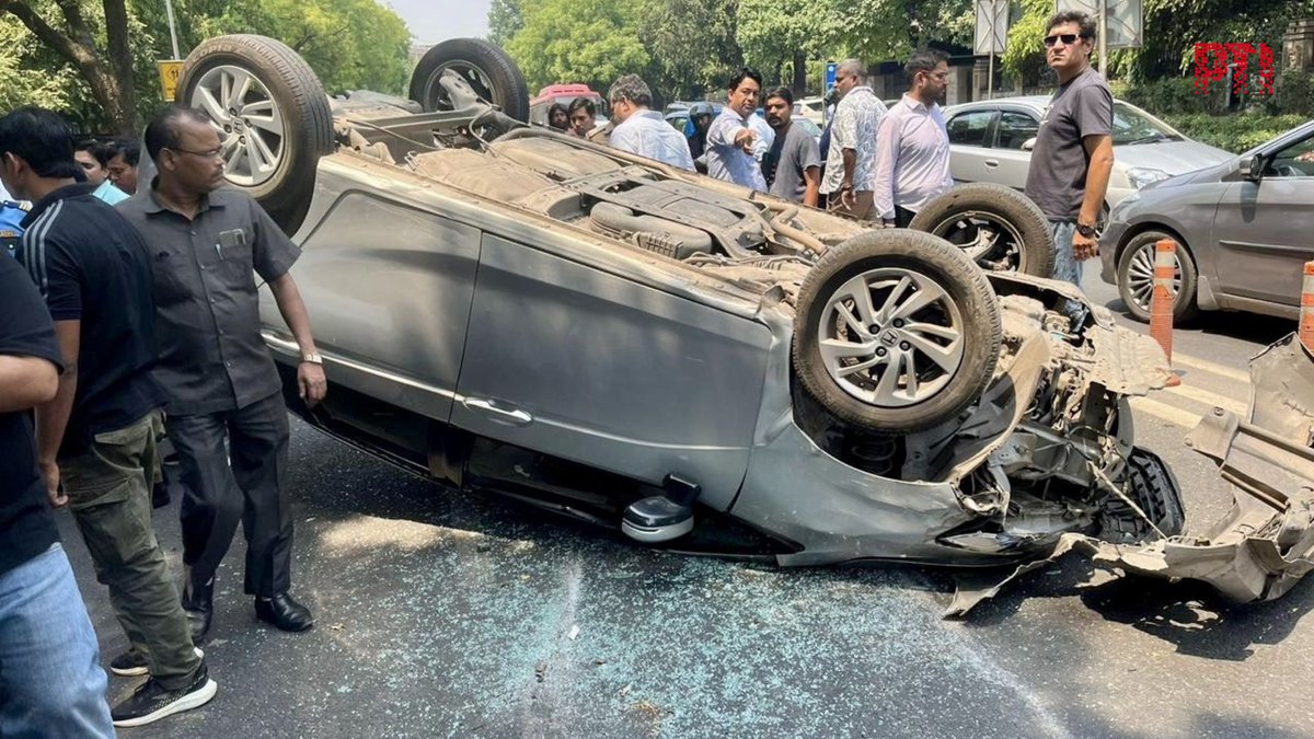 PHOTO | A car overturned following a collision with another vehicle on Rafi Marg in New Delhi earlier today. No casualties were reported in the incident. (Source: Third Party)