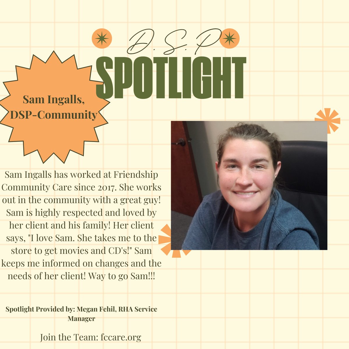 🧡DSP Spotlight 🧡

Sam Ingalls is a DSP at FCC! She works in the community with one of our consumers! #DSP #directsupportprofessional #appreciation #thankyou