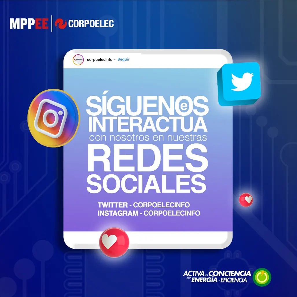 Síguenos e interactúa con nosotros en nuestras redes sociales 👇 📱Instagram: @corpoelecinfo 📱Twitter: @corpoelecinfo