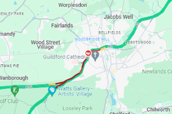 #Guildford: #A3 partly blocked both ways due to an accident between the #A25 Midleton Road (Wooden Bridge) and Egerton Road (Cathedral Turn)