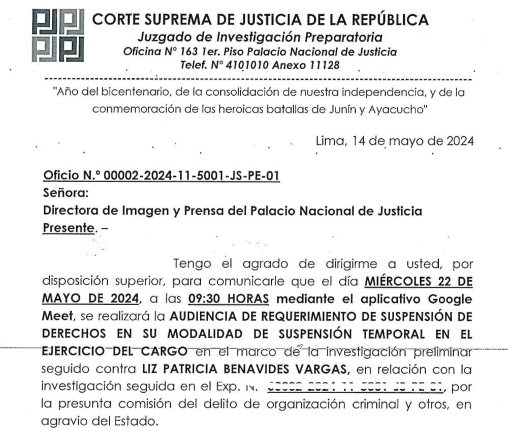 LO ÚLTIMO  #AudienciasPJ PoderJudicial programa audiencia de requerimiento de suspensión temporal en el ejercicio del cargo contra Patricia Benavides Vargas.