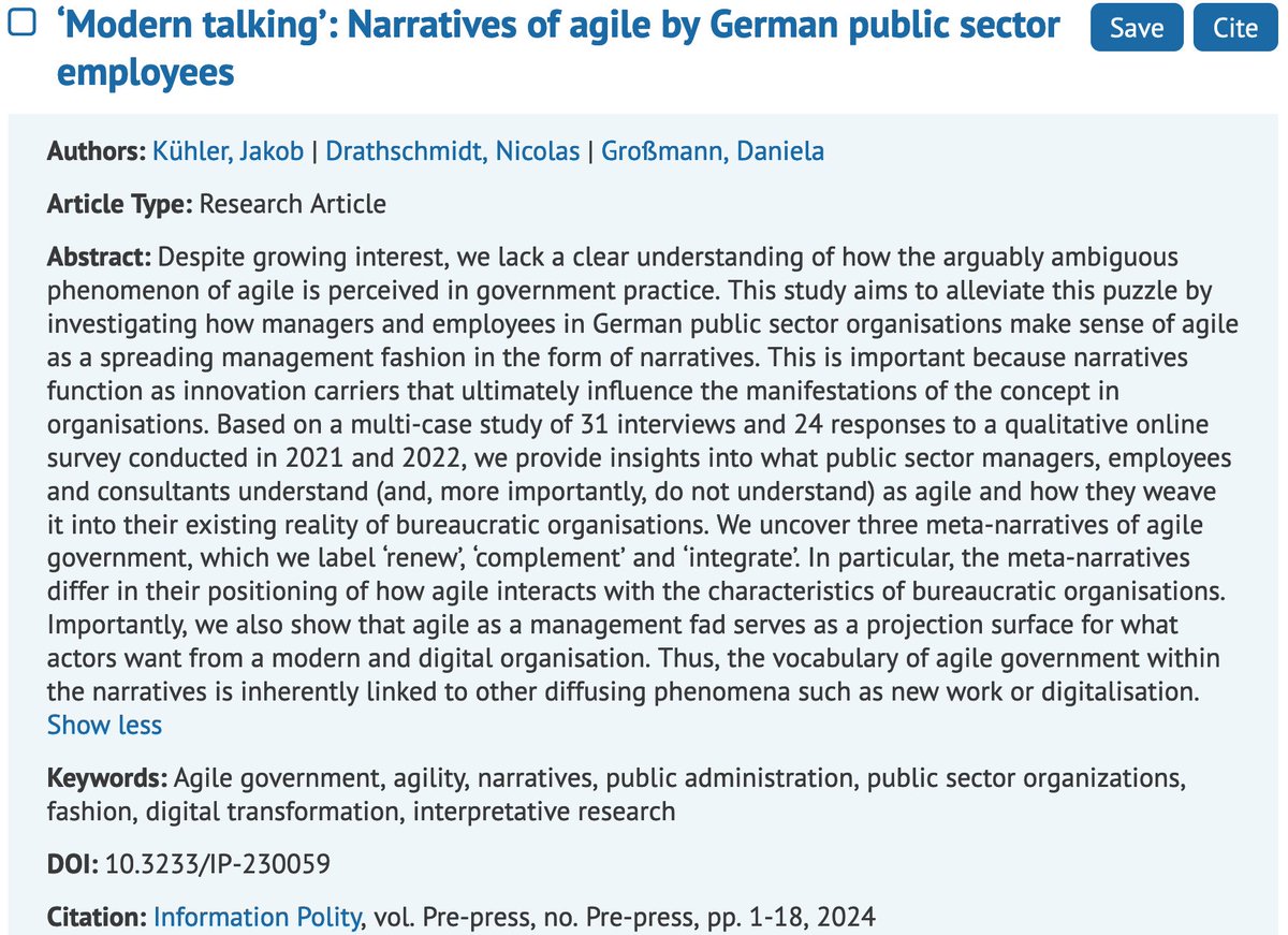 Explore the new study by @jakobkuehler, Nicolas Drathschmidt, and Daniela Grossmann from the @unipotsdam, delving into #agile narratives within the public sector and uncovering key differences. Don't miss it! content.iospress.com/articles/infor…