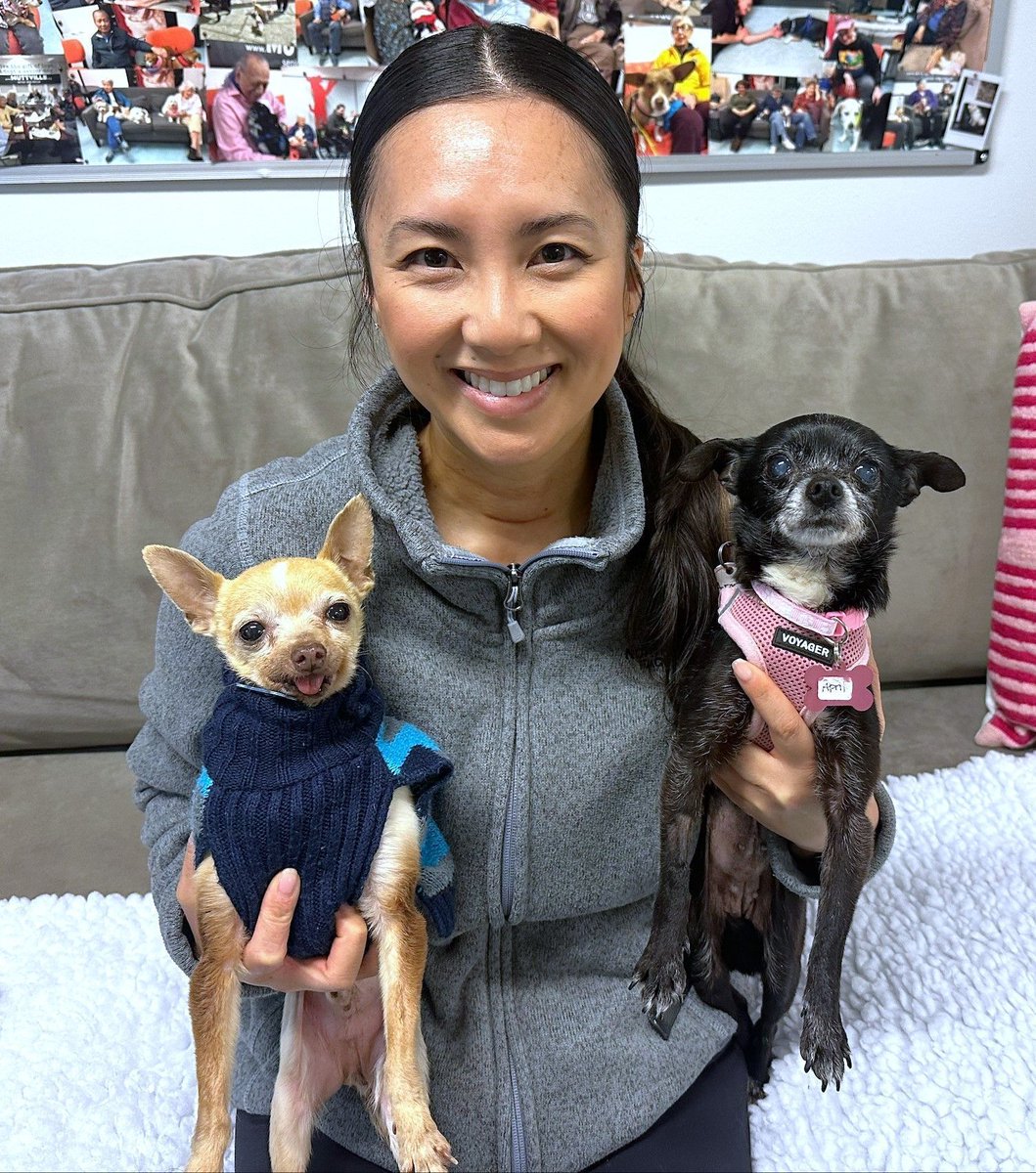 April (L) was #adopted by Kristine & Patrick and now April has a furry companion, Chico, who is also from Muttville! They simply fit perfectly in her embrace!