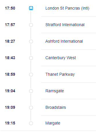 ℹ️ INFO: 🚄 17:50 London St Pancras to Margate via Canterbury West is formed of 6 coaches rather then 12 coaches this evening. This is due to an earlier train fault. Alternative 12 coaches: 17:34 Dover Priory for stations to Ashford 18:37 Margate via Canterbury West