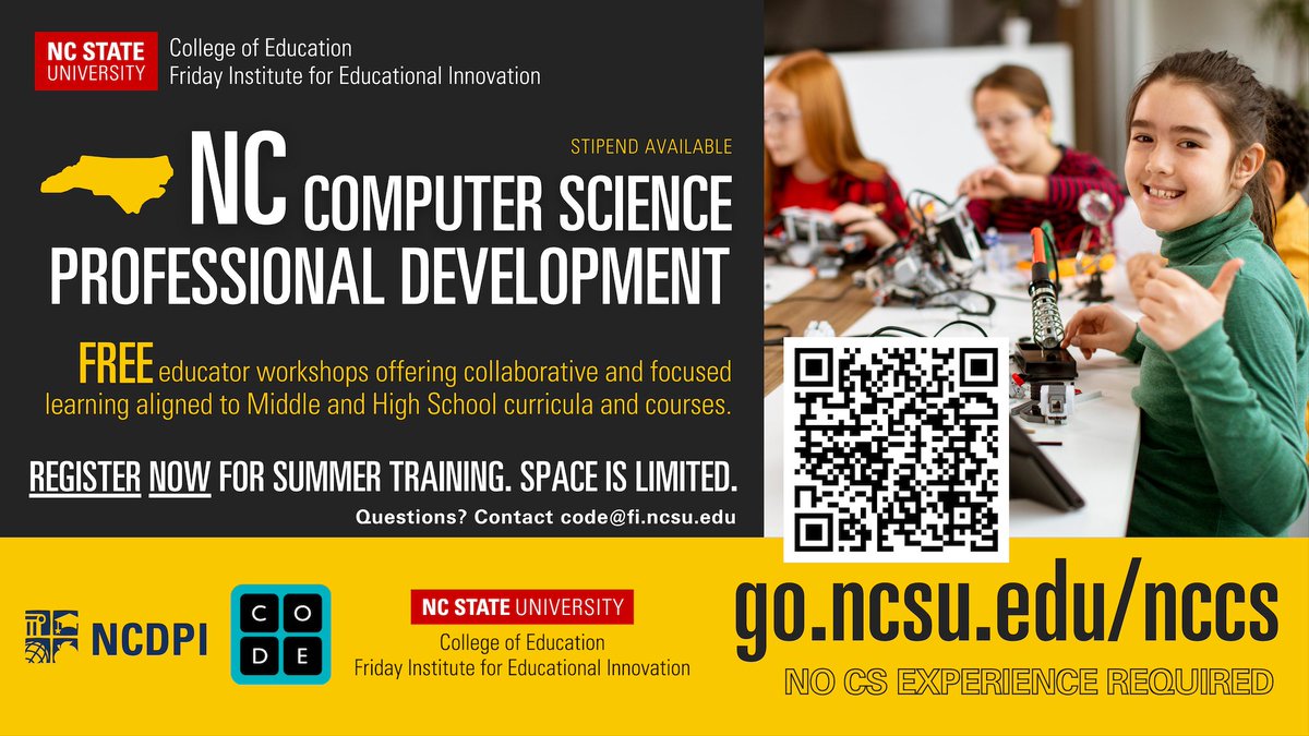 Interested in learning how to teach #ComputerScience and help students meet @ncpublicschools' CS graduation requirement? Register now for this FREE summer training from the @FridayInstitute using @codeorg's CS curriculum. Learn more at go.ncsu.edu/nccs.