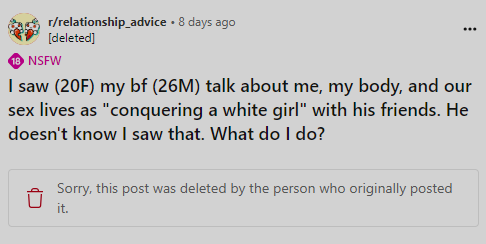 Some of the 3rd world countries' men hate white race and they have relationships with white women to prove that they are taking the most valueable possession of the white people.

reddit.com/r/relationship…