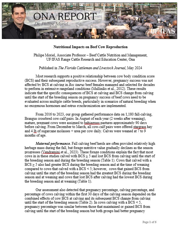 Checkout the latest Ona Report - 'Nutritional Impacts on Beef Cow Reproduction' by Dr. Philipe Moriel. rcrec-ona.ifas.ufl.edu/news-and-publi… This Ona Report was published in the May 2024 issue of The Florida Cattleman & Livestock Journal.