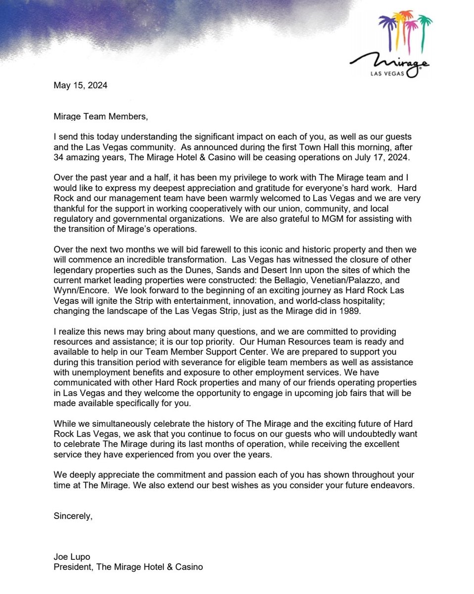 LasVegasLocally's tweet photo. Memo sent to Mirage employees from President Joe Lupo.

"Over the next two months we will bid farewell to this iconic and historic property and then we will commence an incredible transformation..." https://t.co/9lWsCe9UuL