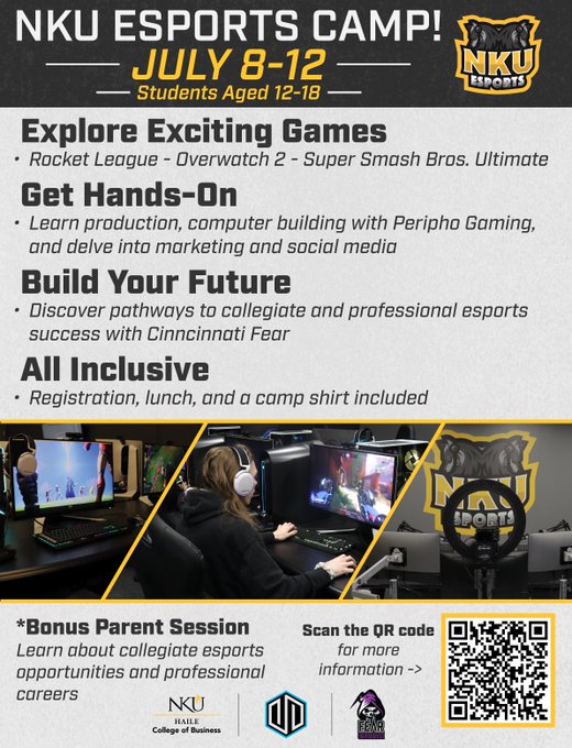 Join us for the NKU Esports' Summer Camp. - Play Top Titles With @NkuEsports - Learn about Social Media & Production With @PeriphioGaming - Discover How to Turn your Passion into Collegiate or Professional Opportunities with @CincyFear 🫡 🔗Link to Register Below 👇