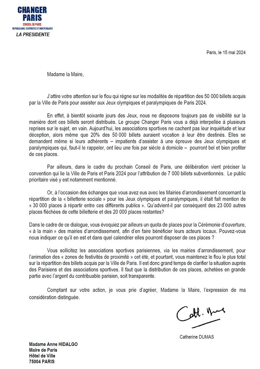 🚨Il faut clarifier le mode de distribution des billets délivrés gratuitement par la Ville de Paris pour assister à des épreuves des #JOP2024! ⚠️Achetés avec l’argent des Parisiens, leur répartition doit être transparente, alerte @catherine_dumas dans une lettre à #AnneHidalgo⤵️