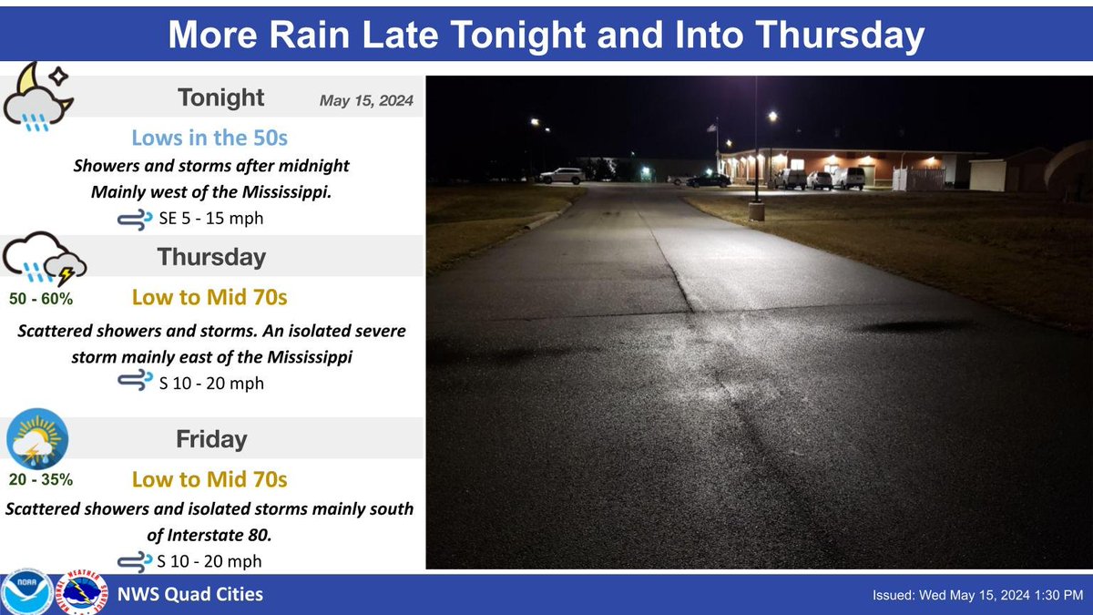 Another round of rain is expected late tonight and Thursday. While rainfall amounts look to be light, locally heavier amounts are possible in thunderstorms. While not certain, there is a low risk of isolated severe storms Thursday afternoon mainly east of the Mississippi.