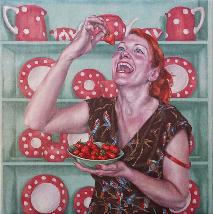 'Laughing While Eating Strawberries' by contemporary UK painter Roxana Halls #WomensArt