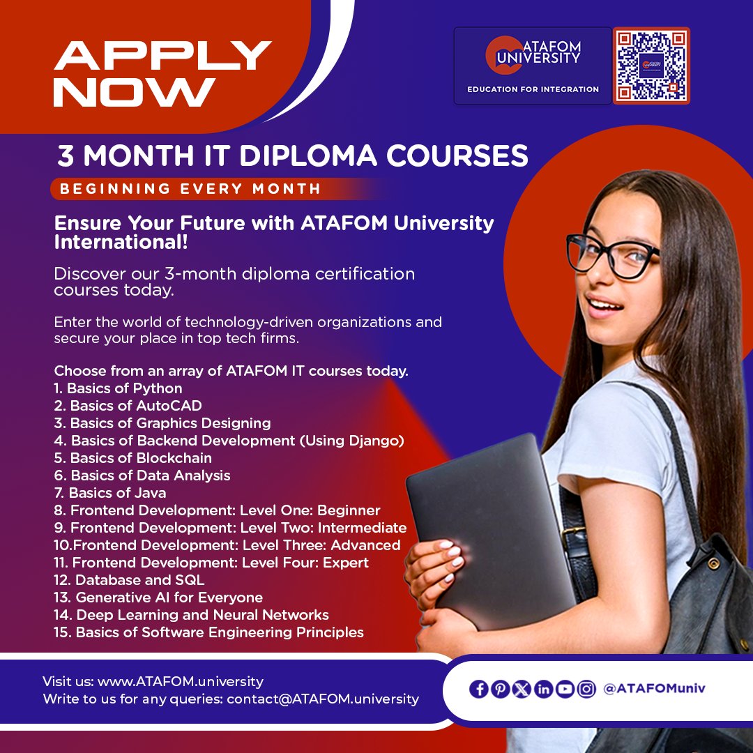 When it absolutely, positively has to be education, then it has to be ATAFOM University International and none other!

Apply Now!

#onlinecampus #ATAFOMonlinecampus #onlinelearning #Learning #Education #Student #inspiration #bachelorcourses #education #university #admission