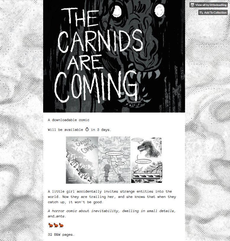 I already got some rave reviews about “The Carnids Are Coming” in Toronto... I hope you'll check it out this weekend! (either digitally or in person at @VancouverComics - at the Roundhouse in Yaletown, 10am-5pm, May 18-19!)

littledeadling.itch.io/the-carnids-ar…