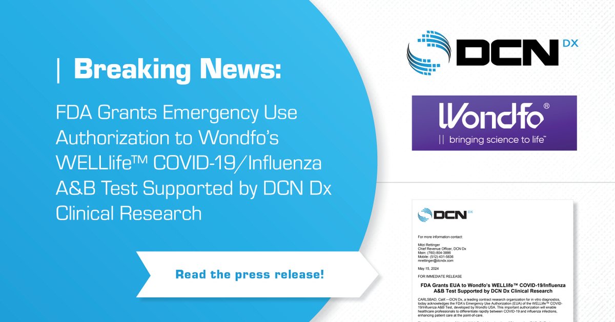 The FDA has granted an #EUA to Wondfo USA's WELLlife™ #COVID19 #Influenza A&B Test, supported by DCN Dx's #clinicalresearch. Read more: hubs.ly/Q02xhYkq0 #InfluenzaTesting #CRO #IVD #Diagnostics #DCNDx #WondfoUSA