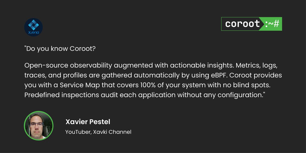 Excited to share review of Coroot by Xavier Pestel from Xavki (YouTube Channel!) 🌟 

Discover how Coroot enhances observability with zero blind spots and effortless audits. 

Check out the full review in the image! 
#Observability #OpenSource #CustomerReview