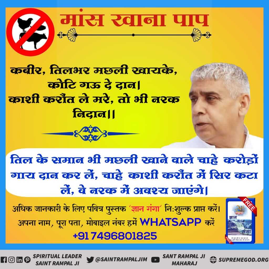 #रहम_करो_मूक_जीवों_पर

Sant RampalJi YouTube Channel⚡एक तरफ तो आप भक्ति करते हो, और दूसरी तरफ आप बेजुबान निर्दोष जानवरों की हत्या कर उनका मांस खाते हो। सभी जीव परमात्मा की प्यारी आत्मा है, तो फिर मांस खाने से परमात्मा प्राप्ति कैसे होगी?