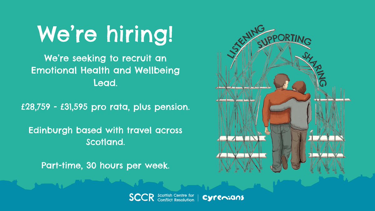 We're hiring! We’re seeking to recruit an Emotional Health and Wellbeing Lead.

£28,759 - £31,595 pro rata, plus pension

Edinburgh based with travel across Scotland

Part-time, 30 hours per week

Deadline: 10 June

For more info &amp; to apply, link below 👇
cyrenians.scot/jobs/943-emoti…