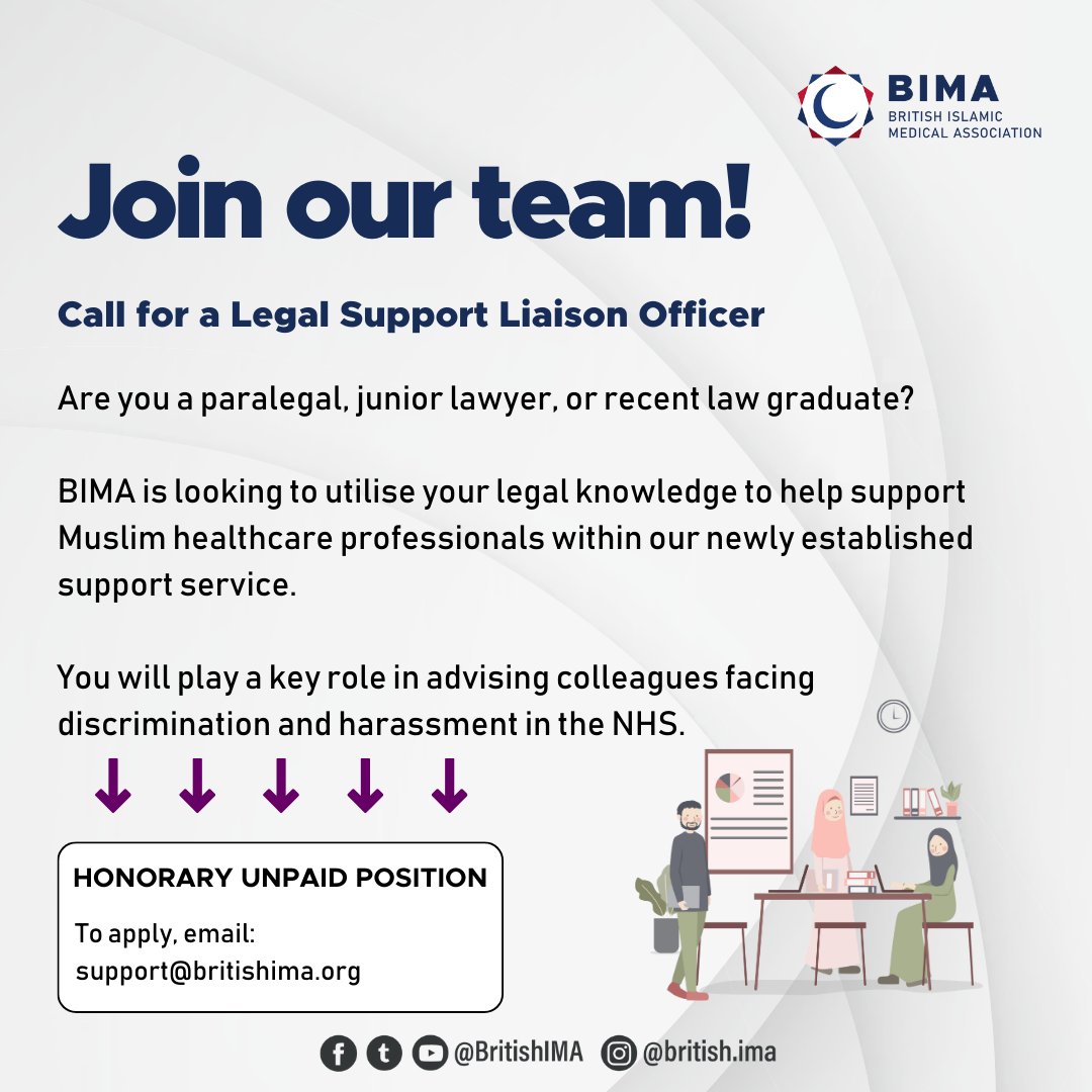 Join BIMA's groundbreaking SUPPORT CLINIC & help stand up for justice ⚖️Could you share your legal expertise to help muslim HCPs? ⚖️Muslim HCPs are disproportionately referred to employers & regulators due to institutional Islamophobia ⚖️To apply, visit: eu1.hubs.ly/H095X530