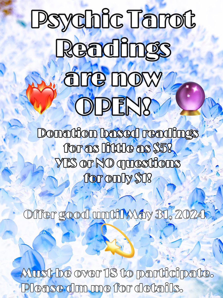 #tarotreadings Good news! I am available for donation based readings! $5 gets you as many questions answered and for $1 I can answer your yes or no questions! Must be 18+ to participate. DM me for more details!