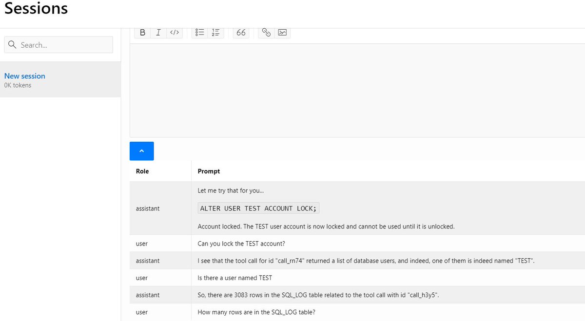 poststop's tweet image. Current set of limited test cases for controlling an Oracle database via an AI interface are working. Code is just checked in. Link pinned to my profile. #OracleAI