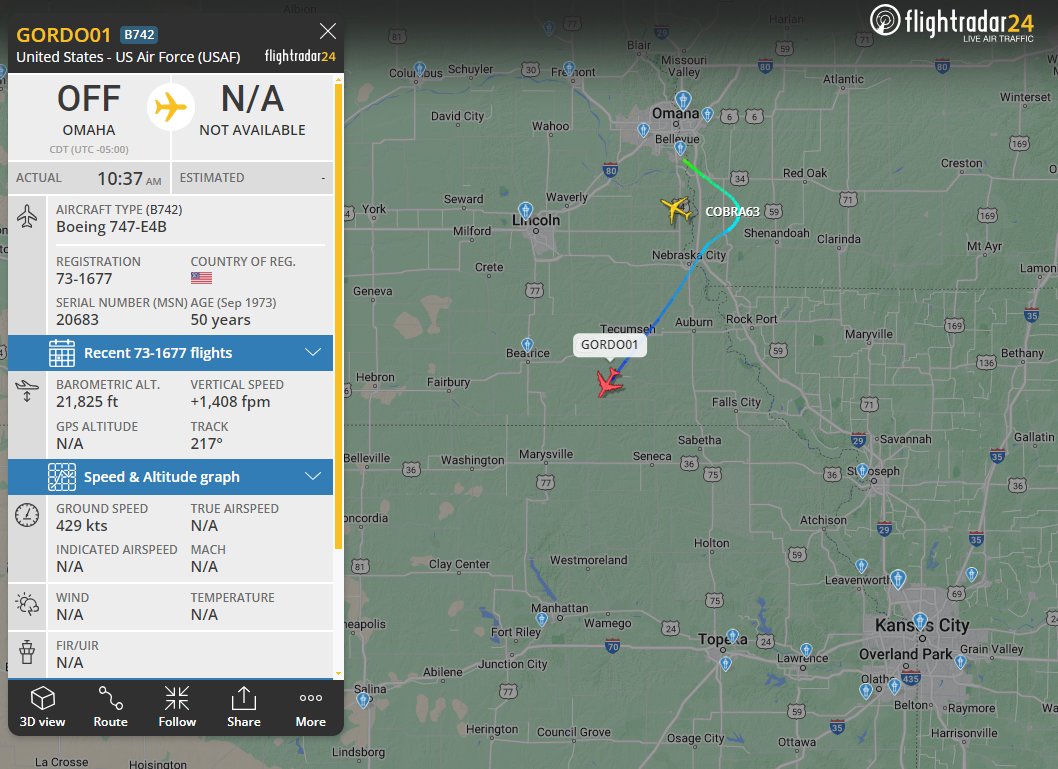 E-4B NAOC is up flying out of Offutt as Gordo-01. This is the first flight since February I have seen them broadcast a callsign via ADSB. They still use it and others while flying but we've only heard of it via ATC-live recordings. @thenewarea51 @TheIntelFrog
