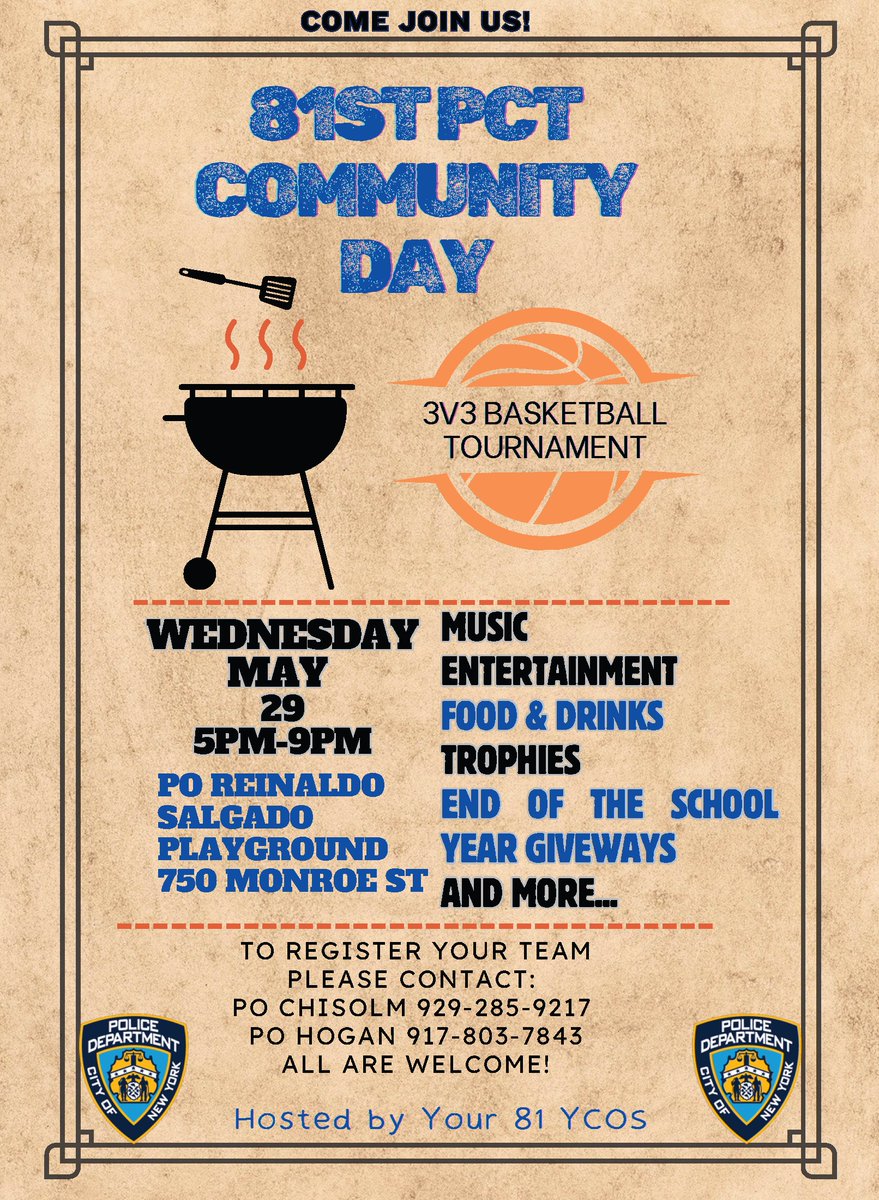 We are excited to announce our Community Day  to connect with our neighbors and build trust with our youth!

Join us on Wednesday, May 29th,  5 PM - 9 PM at the PO Reinaldo Salgado Playground (750 Monroe St).

Our dedicated YCOs are hosting a fun-filled evening for the community!
