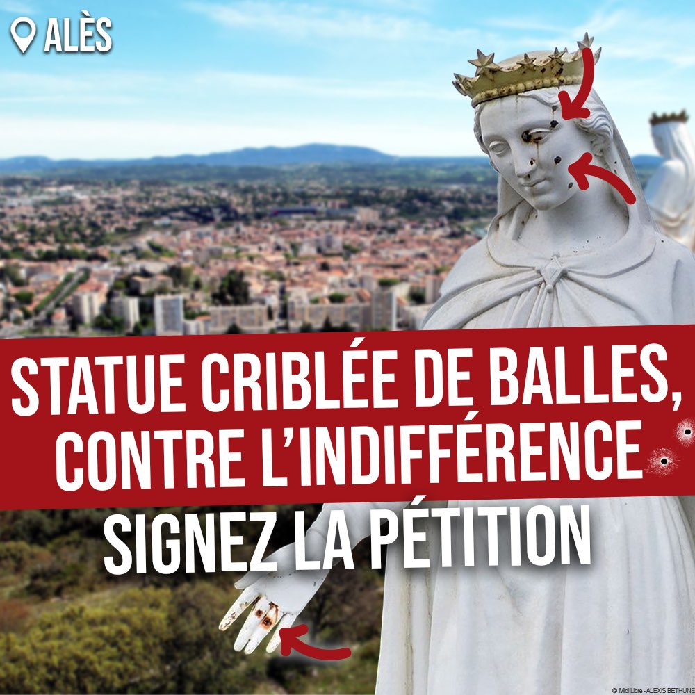Scandale ! 

À #Alès dans le Gard, une statue de la Vierge de plus de 5 mètres de haut a été retrouvée criblée de balles. Pourtant, rares sont les journalistes, personnalités à s’être émus face à acte criminel !