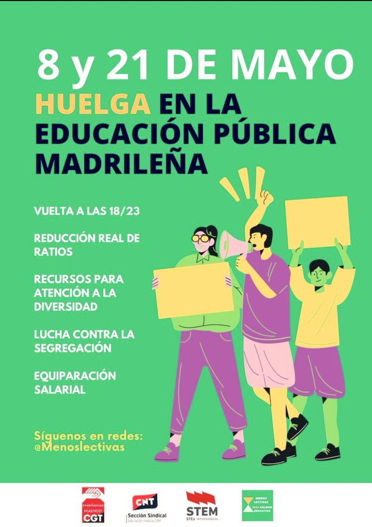 No vamos a conseguir unas mejores condiciones en la escuela pública hablando en los pasillos y chats. Tampoco mirando hacia otro lado. Toca parar el 21m y demostrarle al Consejero @EVicianaDuro que haremos lo que haga falta para poner fin a 13 años de recortes #TodasALaHuelga 💚