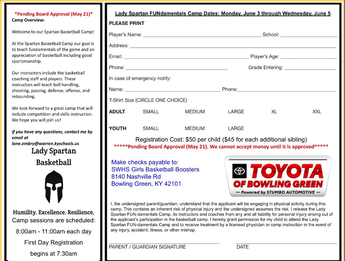 Lady Spartan FUNdamentals basketball camp June 3-5 (Pending board approval)! Info/app attached, contact us with any questions. Looking forward to seeing our youth get BETTER & have FUN doing it! @SWMS_Athletics @JresRockets @NatcherElem @PlanoPanthers @RichPondElement @RockfieldE