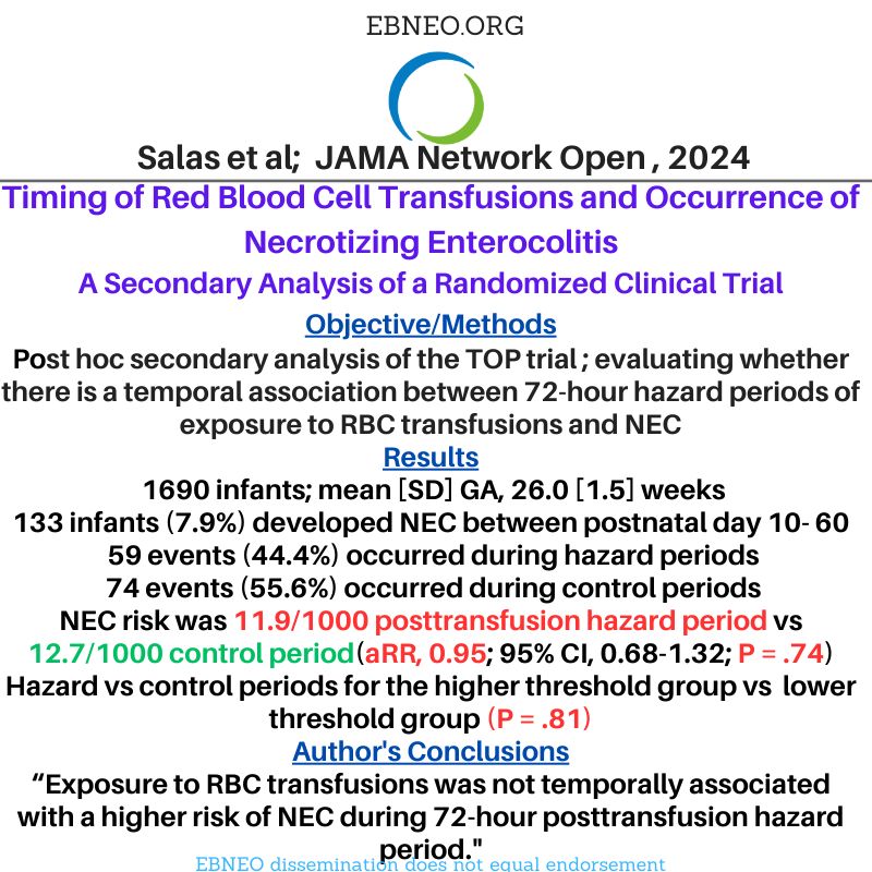 A secondary analysis of the TOP trial by @ArielSalasMD et al. in @JAMANetworkOpen suggests that RBC transfusions are not temporally associated with a higher risk of NEC. buff.ly/3V0oagr #EBNEOalerts #neoEBM #neotwitter