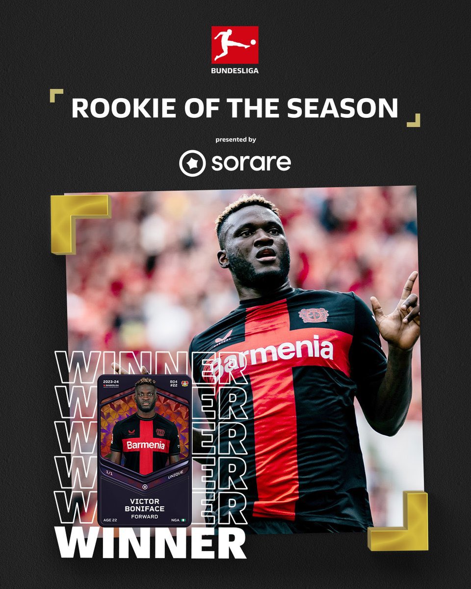 Rookie of the Season. 😮‍💨🇳🇬🦅 Victor Boniface. What a Year. 👏👏👏 #Bayer04 | #BLRookie #Sorare | @boniface_jrn