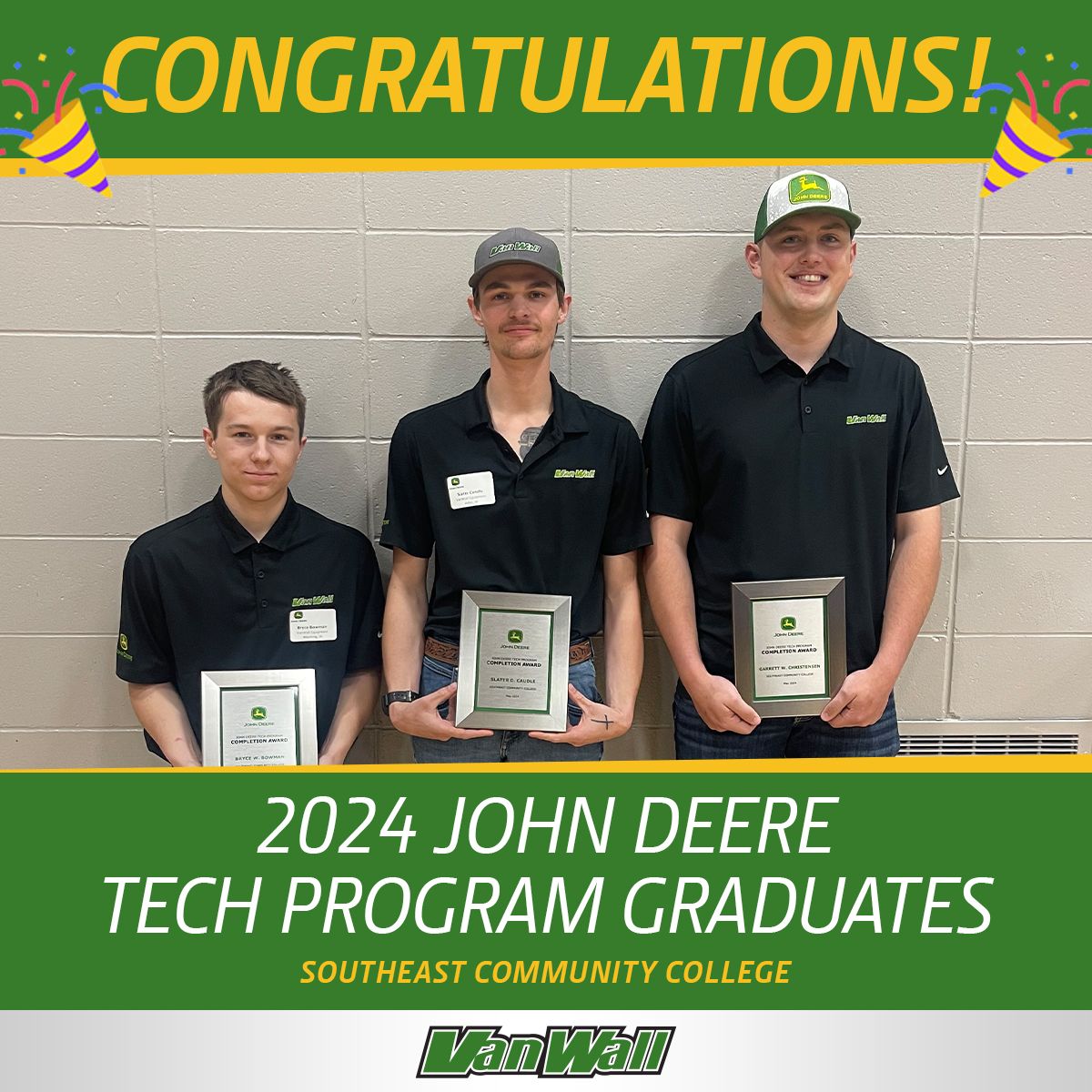 Graduation season is still upon us - and we couldn't be more thrilled to celebrate these gentlemen on their recent #JohnDeere Tech Program completion at @SCCNeb! 🎓 Garrett, Slater, & Bryce have worked extra hard over the last two years to balance their training.